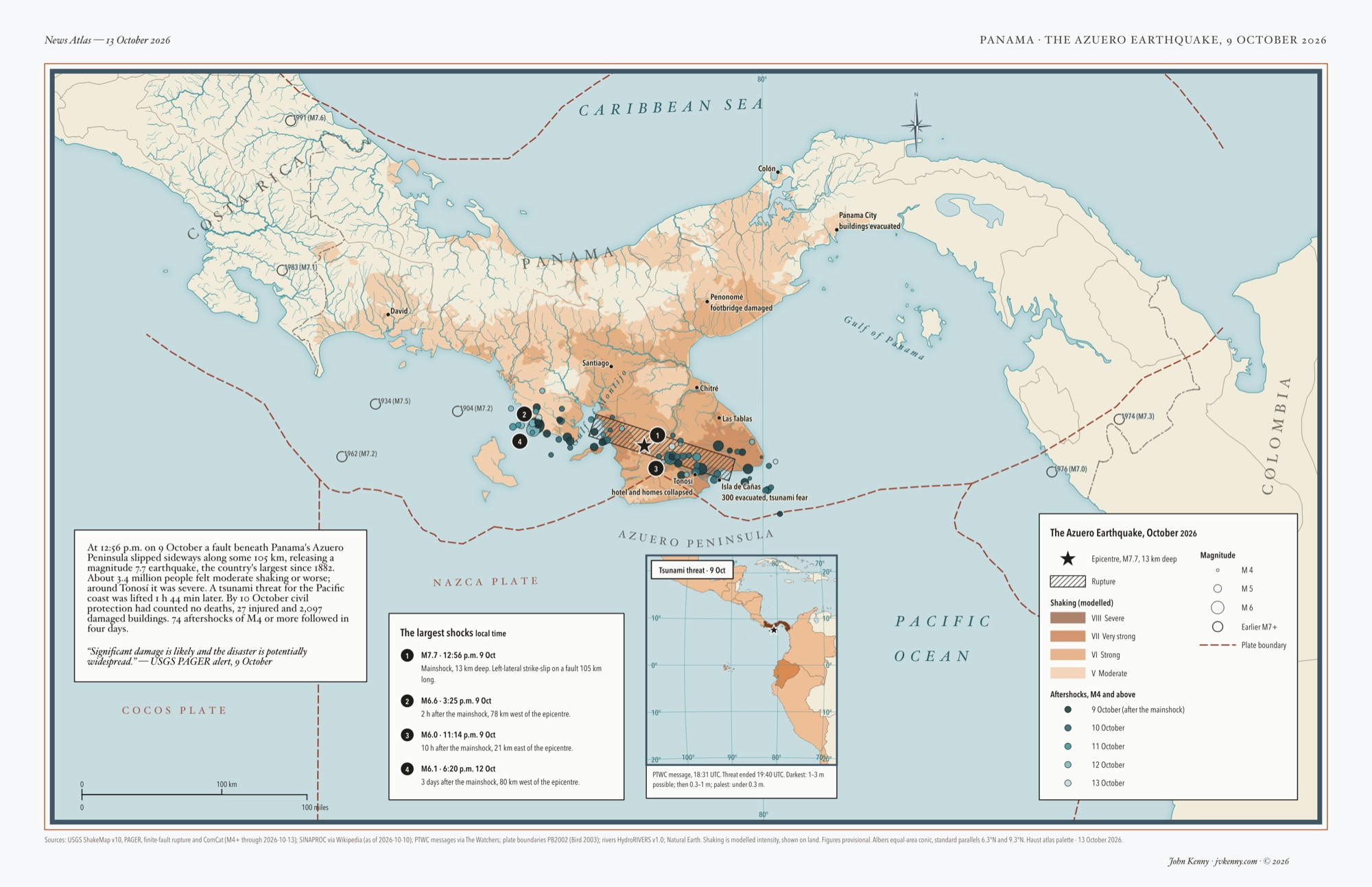 Map of central Panama after the magnitude 7.7 Azuero earthquake: modelled shaking, the fault rupture, aftershocks and a tsunami-warning inset.