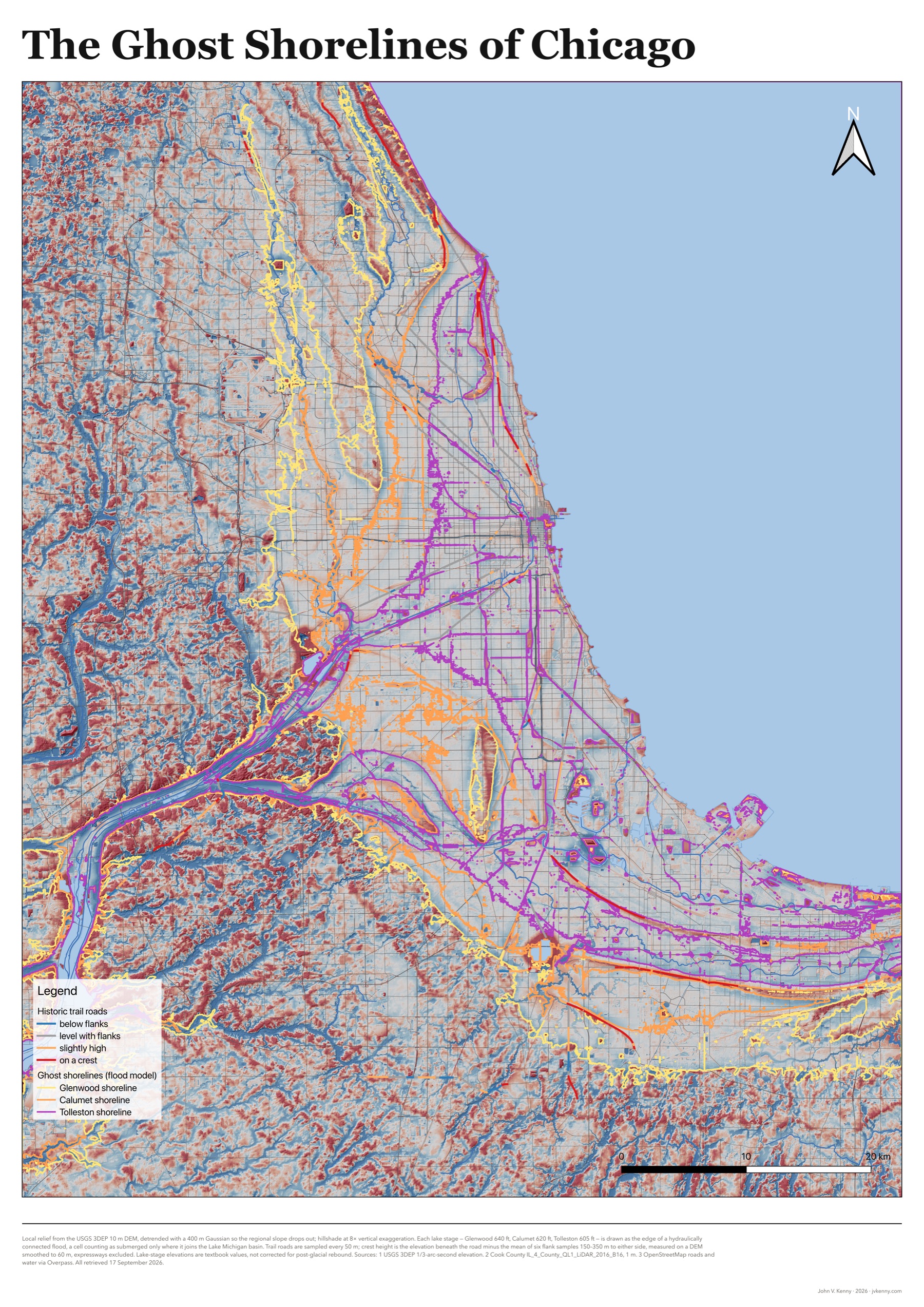 Poster map of the Chicago region: lidar relief, the shorelines of glacial Lake Chicago, and historic trail roads colored by how far they stand above their flanks.